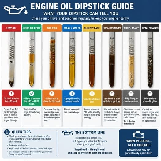 An engine oil dipstick guide showing what low, good, full, dark, milky and contaminated oil look like on a dipstick